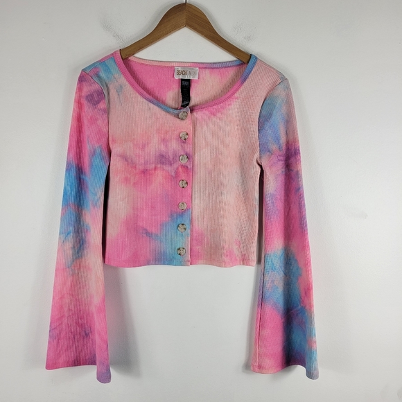 New Beach Riot Gigi Tie Dye Ribbed Button Up Flare Sleeve Crop Top - Picture 1 of 8